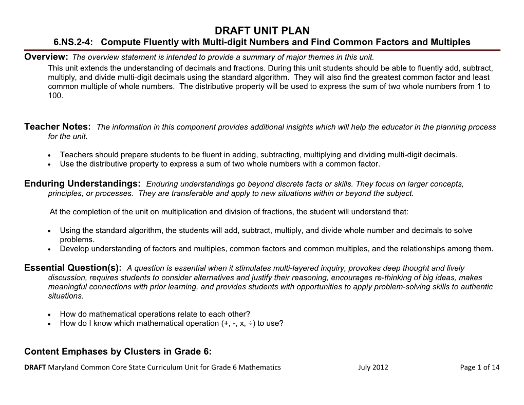 Draft Unit Plan: Grade 6 – Understand Ratio Concepts And Use Ratio Reasoning To Solve Problems