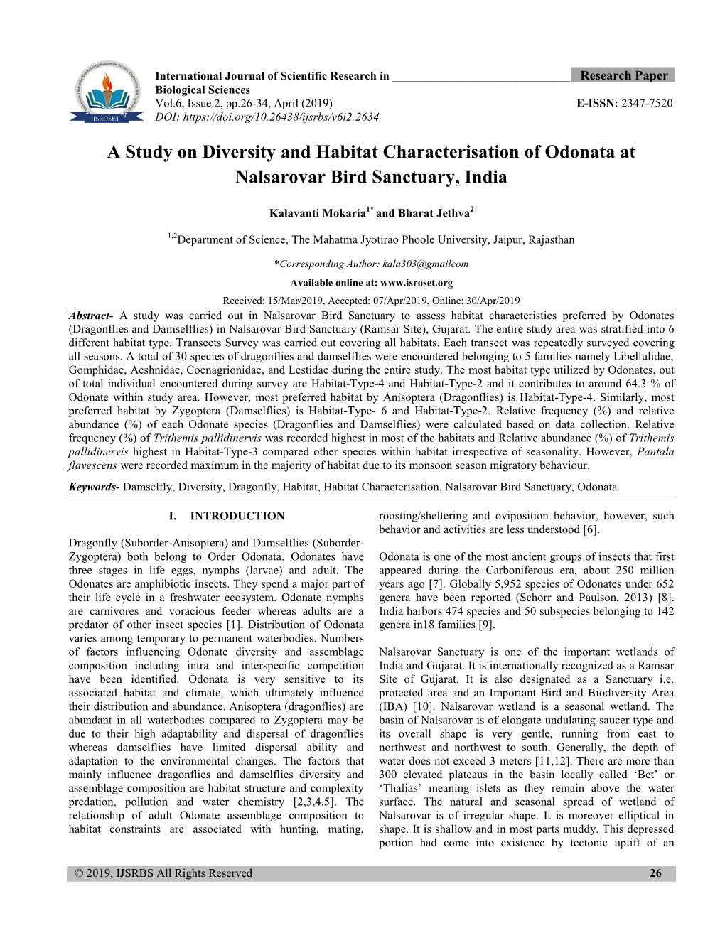 A Study on Diversity and Habitat Characterisation of Odonata at Nalsarovar Bird Sanctuary, India