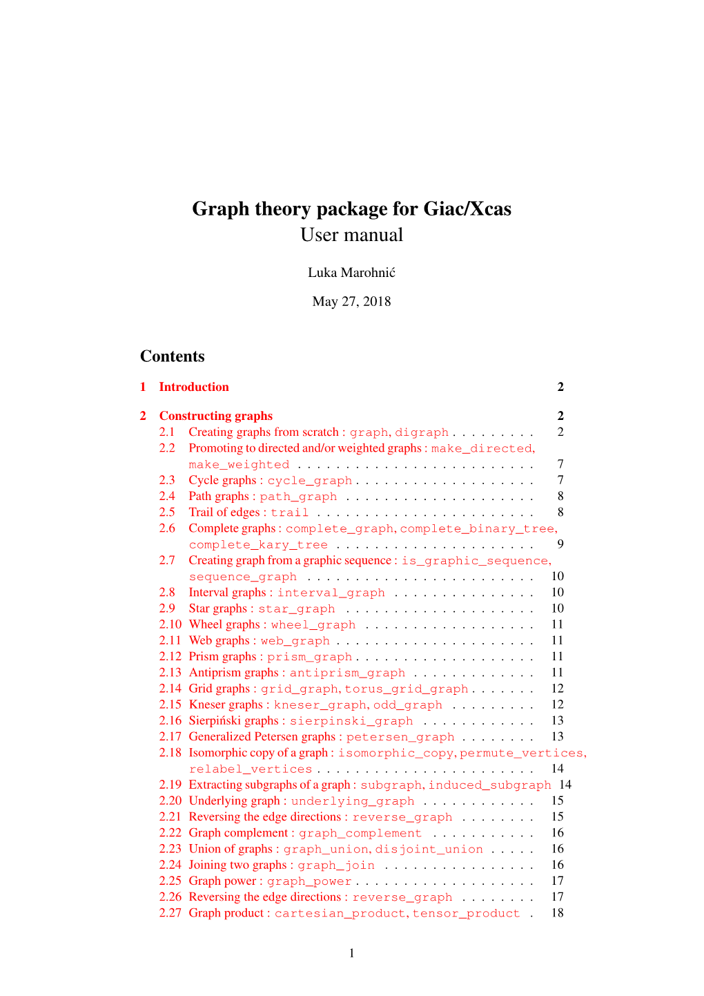 Graph Theory Package for Giac/Xcas User Manual
