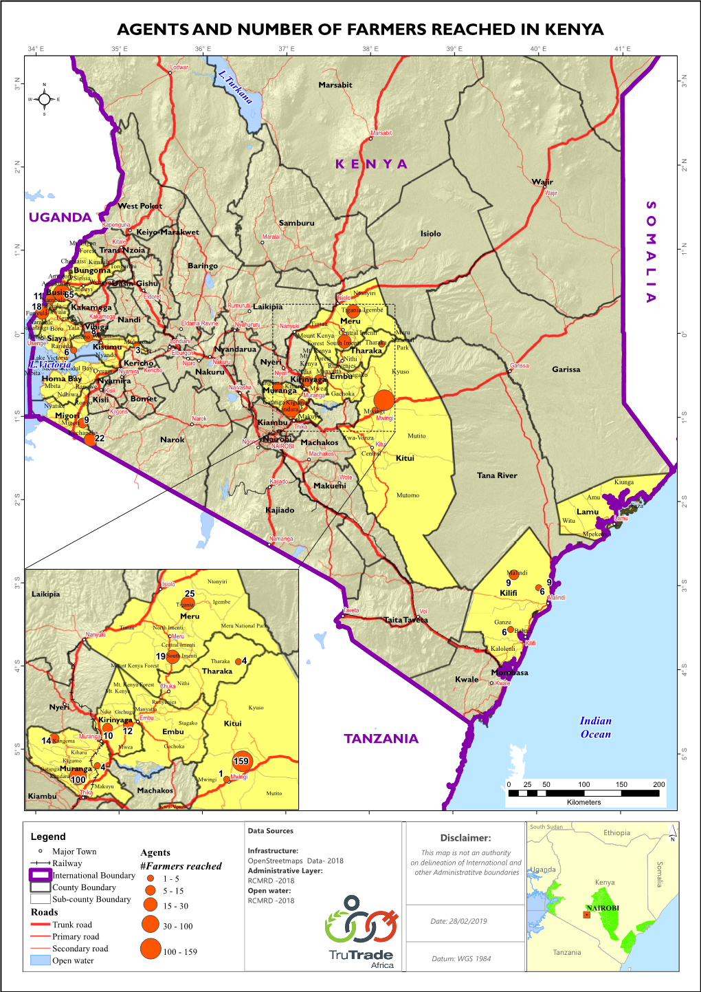 Agents and Number of Farmers Reached in Kenya 34° E 35° E 36° E 37° E 38° E 39° E 40° E 41° E