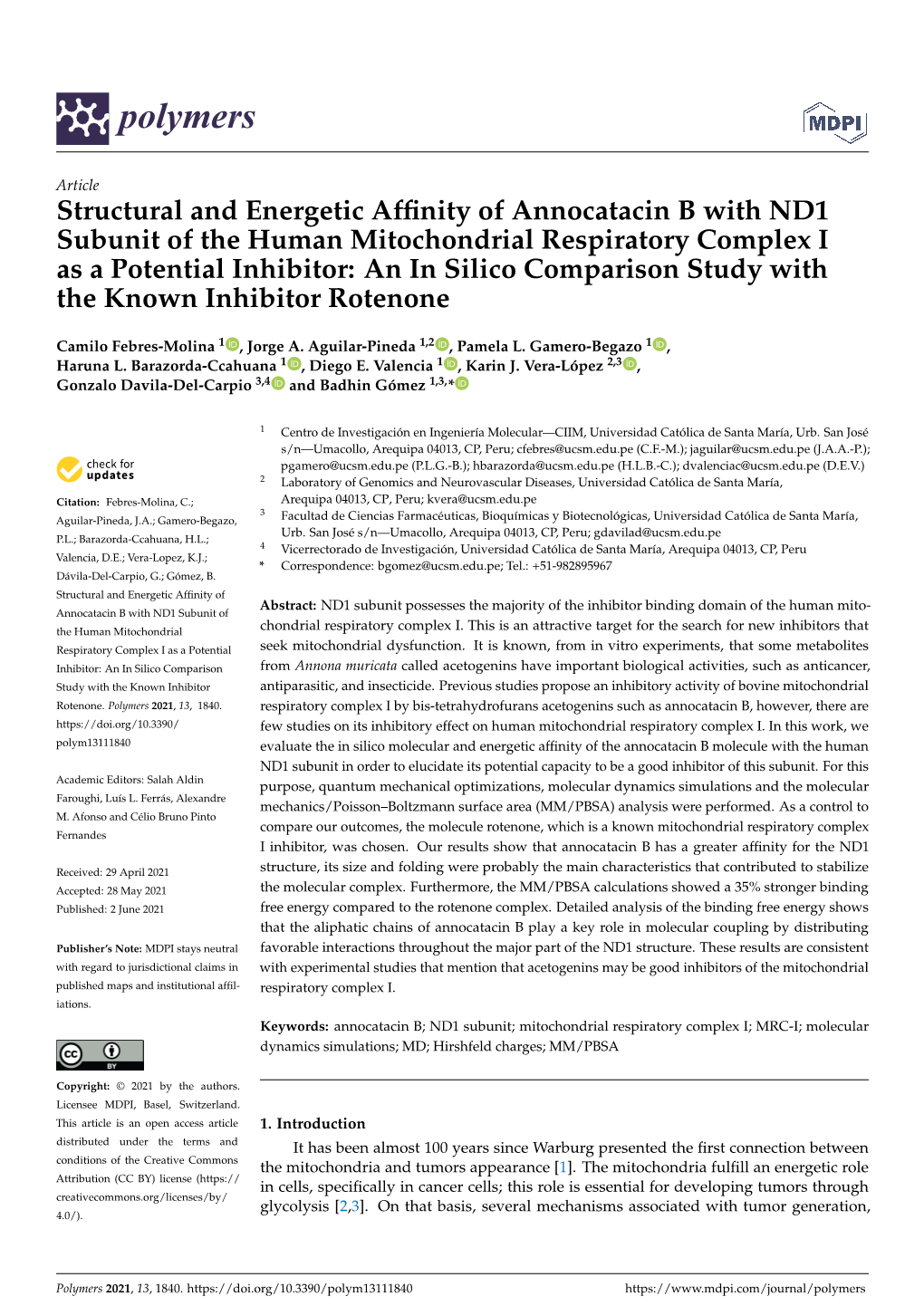 Structural and Energetic Affinity of Annocatacin B with ND1 Subunit Of