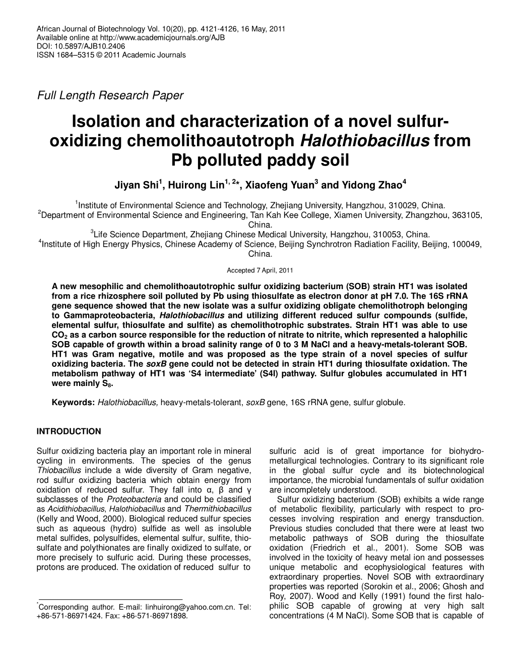 Isolation and Characterization of a Novel Sulfur- Oxidizing Chemolithoautotroph Halothiobacillus from Pb Polluted Paddy Soil