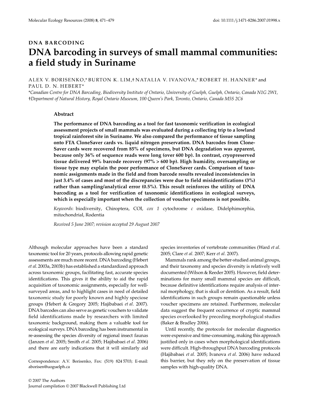 DNA Barcoding in Surveys of Small Mammal Communities: a Field Study in Suriname