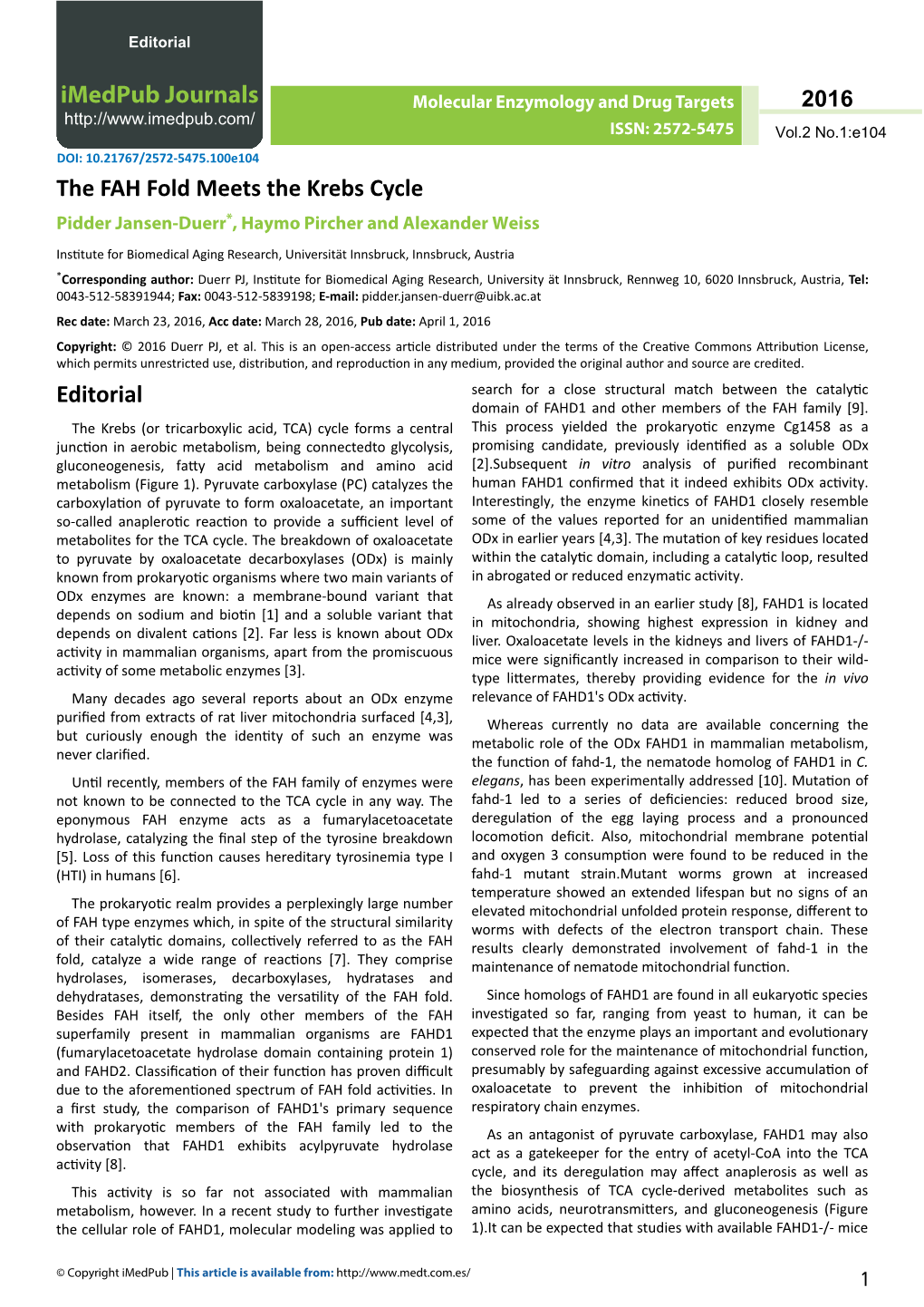 The FAH Fold Meets the Krebs Cycle Editorial Imedpub Journals