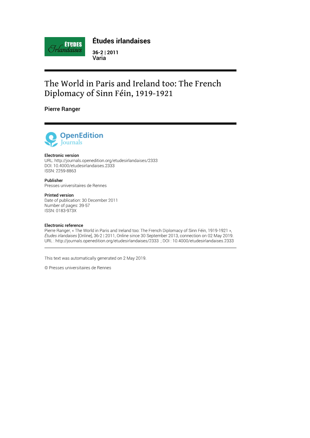 Études Irlandaises, 36-2 | 2011 the World in Paris and Ireland Too: the French Diplomacy of Sinn Féin, 1919-1921 2