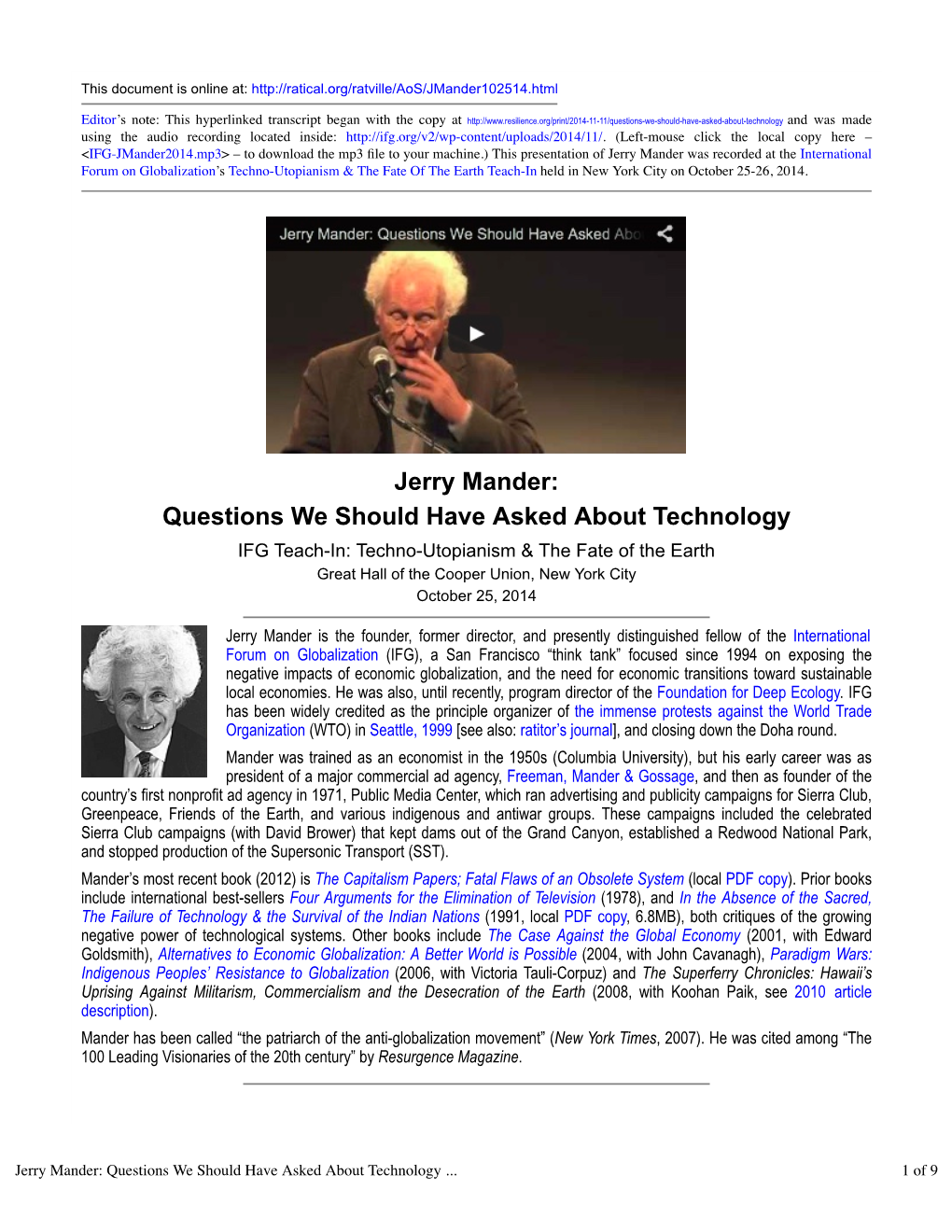 Jerry Mander: Questions We Should Have Asked About Technology