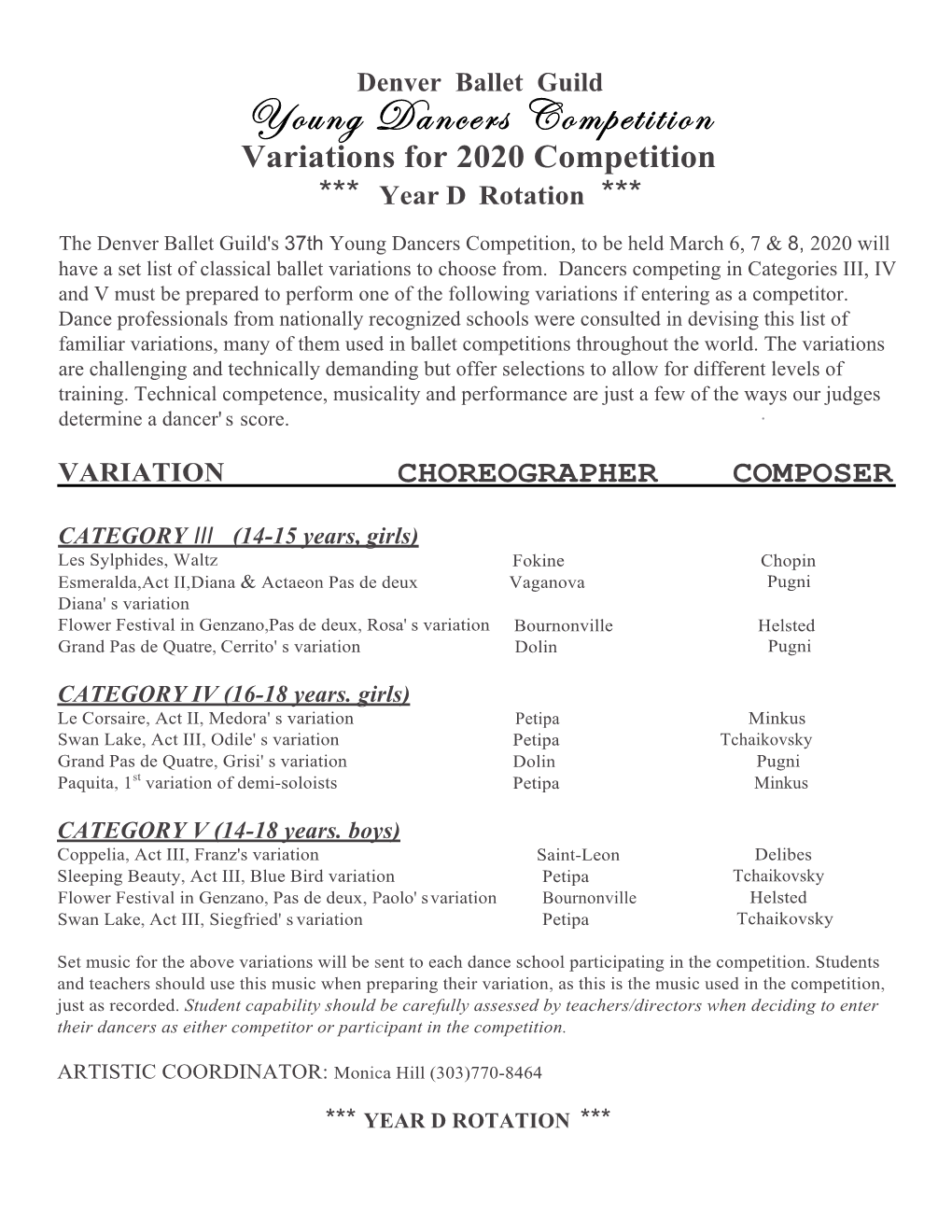 Young Dancers Competition Variations for 2020 Competition *** Year D Rotation ***