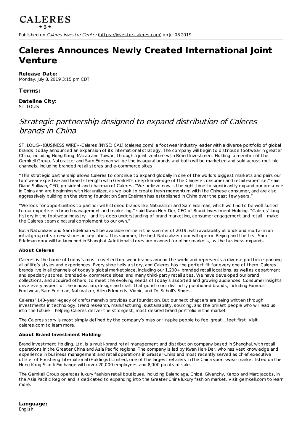 Caleres Announces Newly Created International Joint Venture