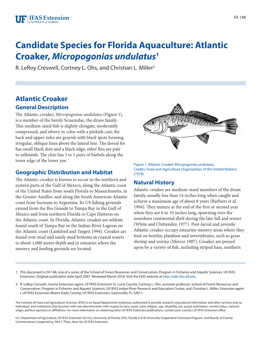 Candidate Species for Florida Aquaculture: Atlantic Croaker, Micropogonias Undulatus1 R