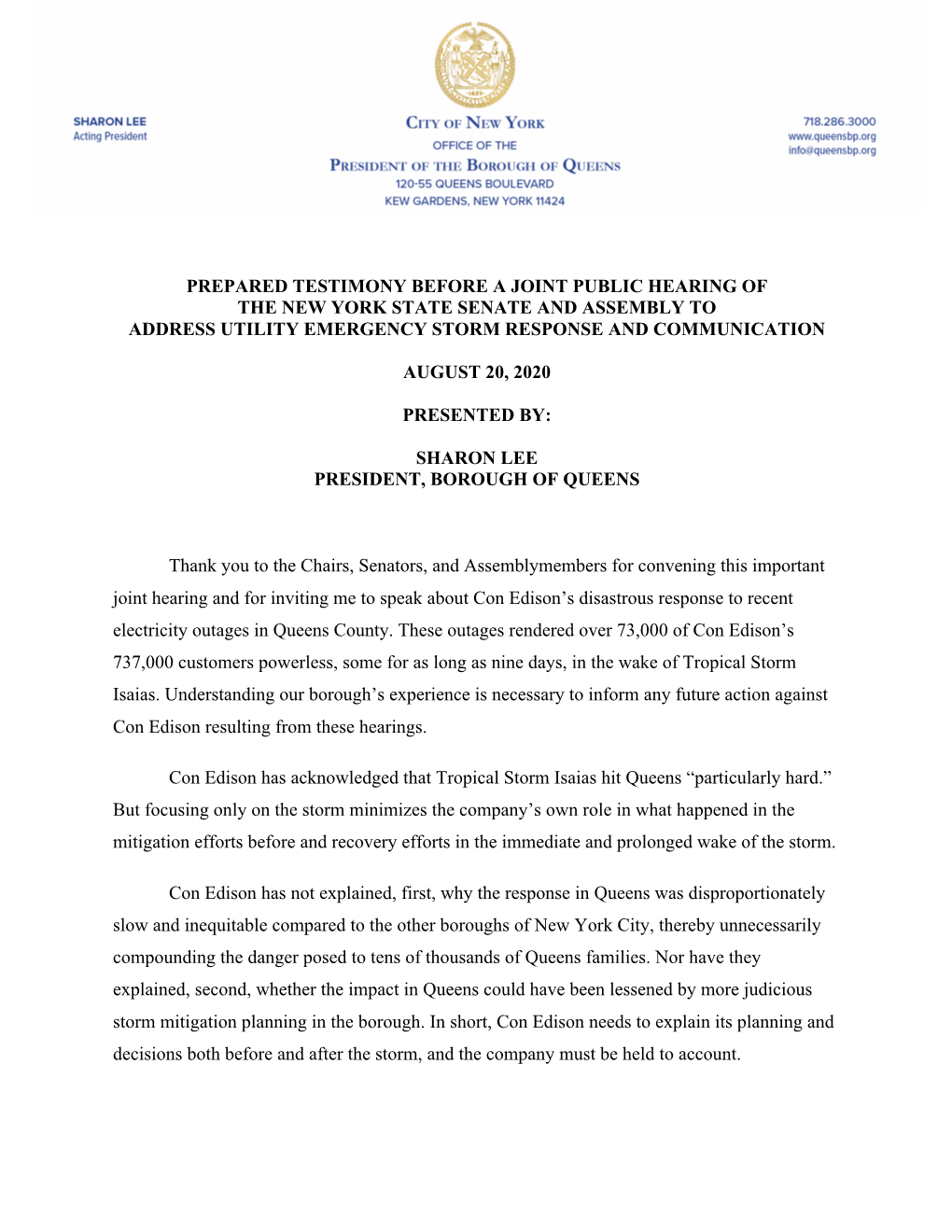 Testimony Submitted by Sharon Lee, Queens Borough President