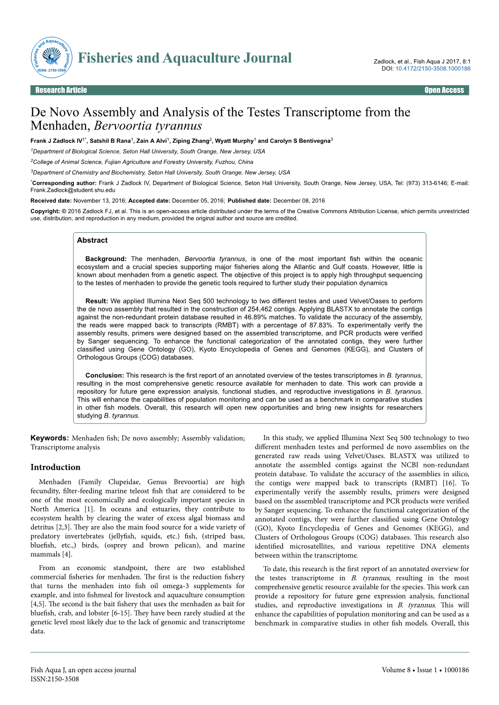 De Novo Assembly and Analysis of the Testes Transcriptome from the Menhaden, Bervoortia Tyrannus