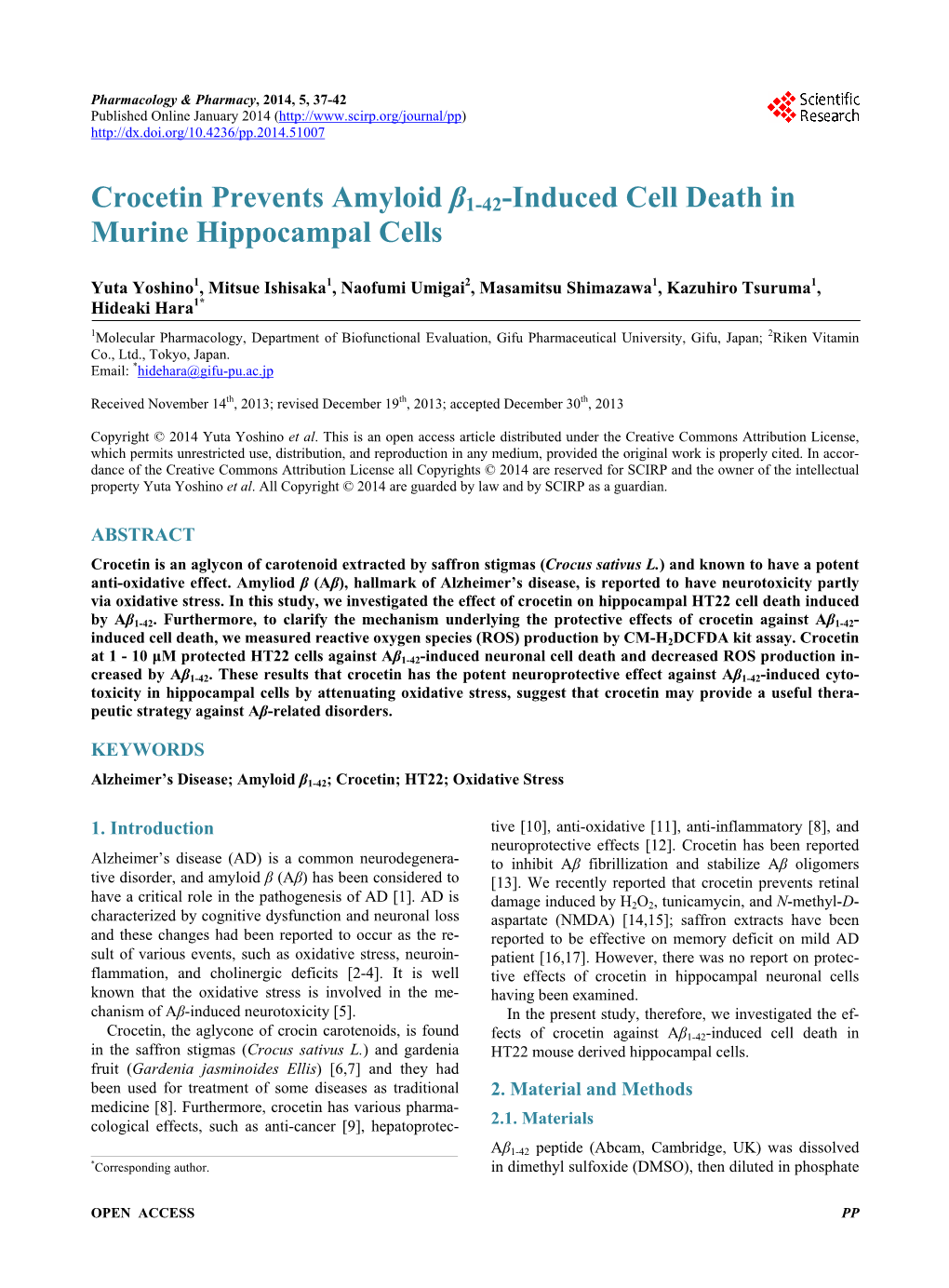 Crocetin Prevents Amyloid Β1-42-Induced Cell Death in Murine Hippocampal Cells