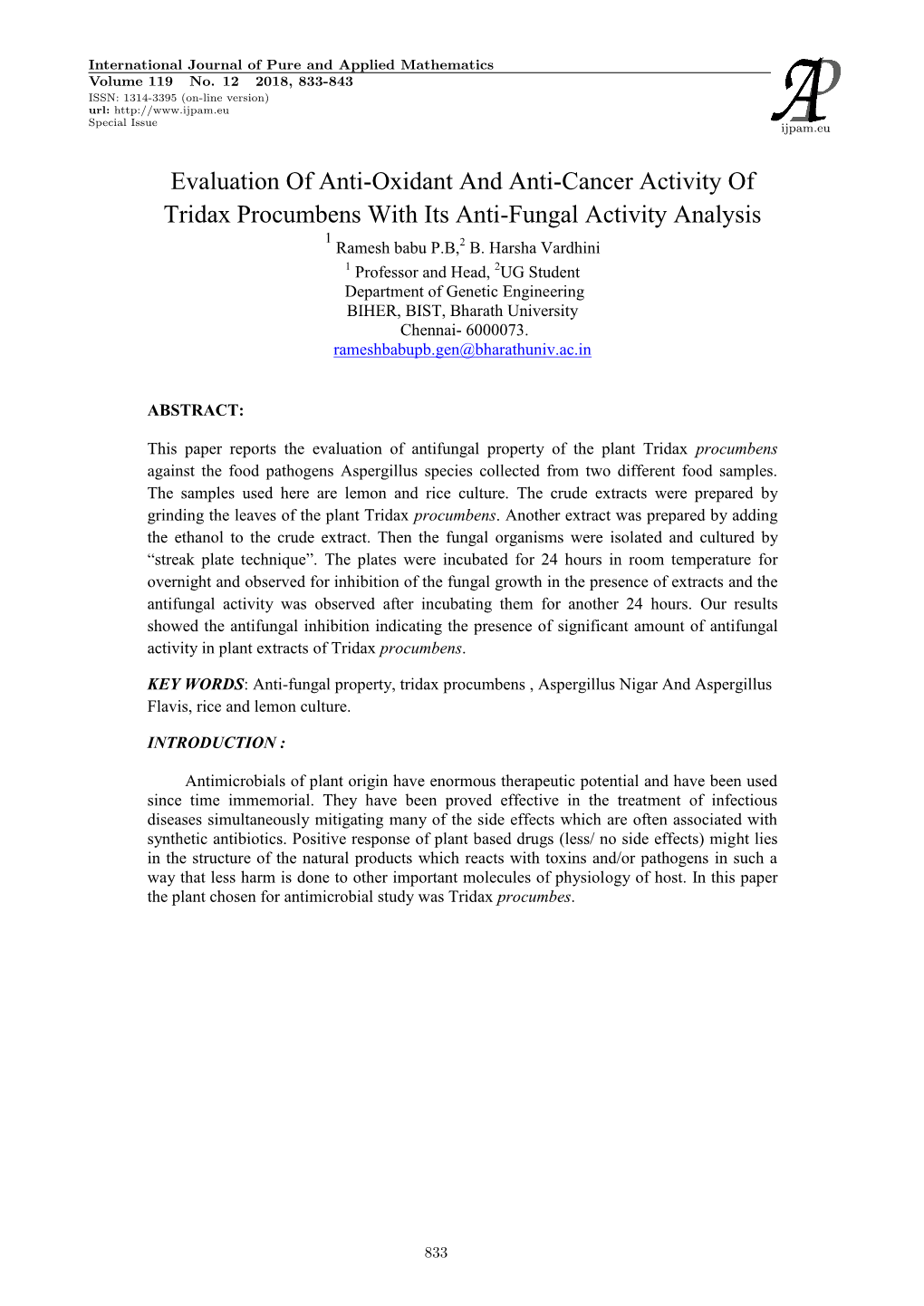 Evaluation of Anti-Oxidant and Anti-Cancer Activity of Tridax Procumbens with Its Anti-Fungal Activity Analysis 1 Ramesh Babu P.B,2 B