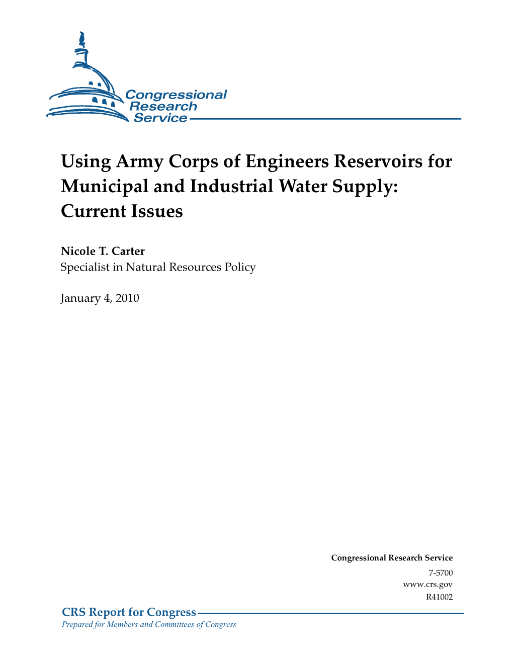 Using Army Corps of Engineers Reservoirs for Municipal and Industrial Water Supply: Current Issues