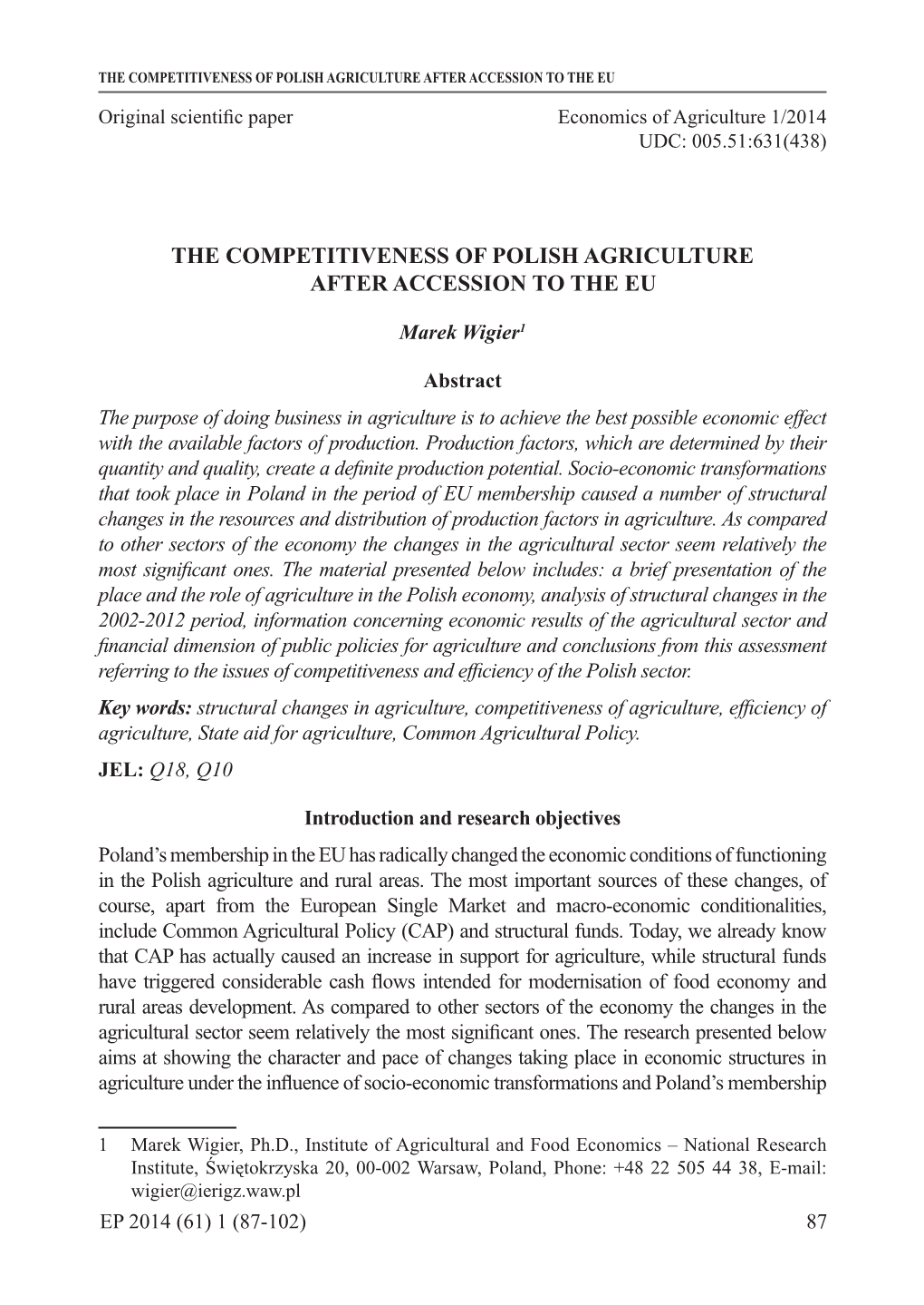 The Competitiveness of Polish Agriculture After Accession to the Eu