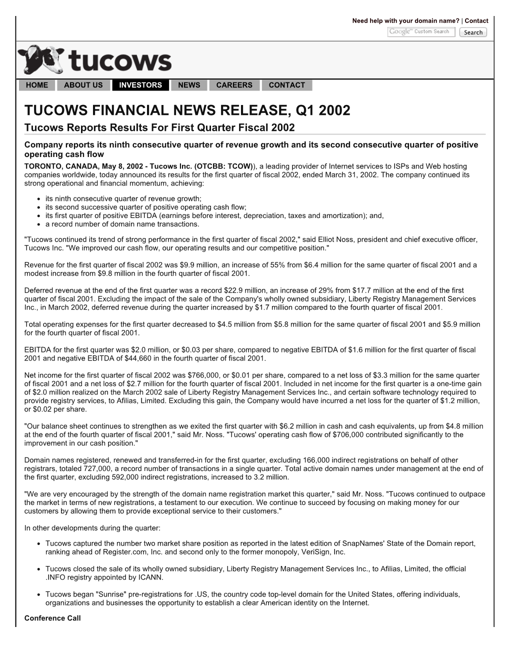 Tucows Inc. » Investors » Quarterly Financials » Q1 2002