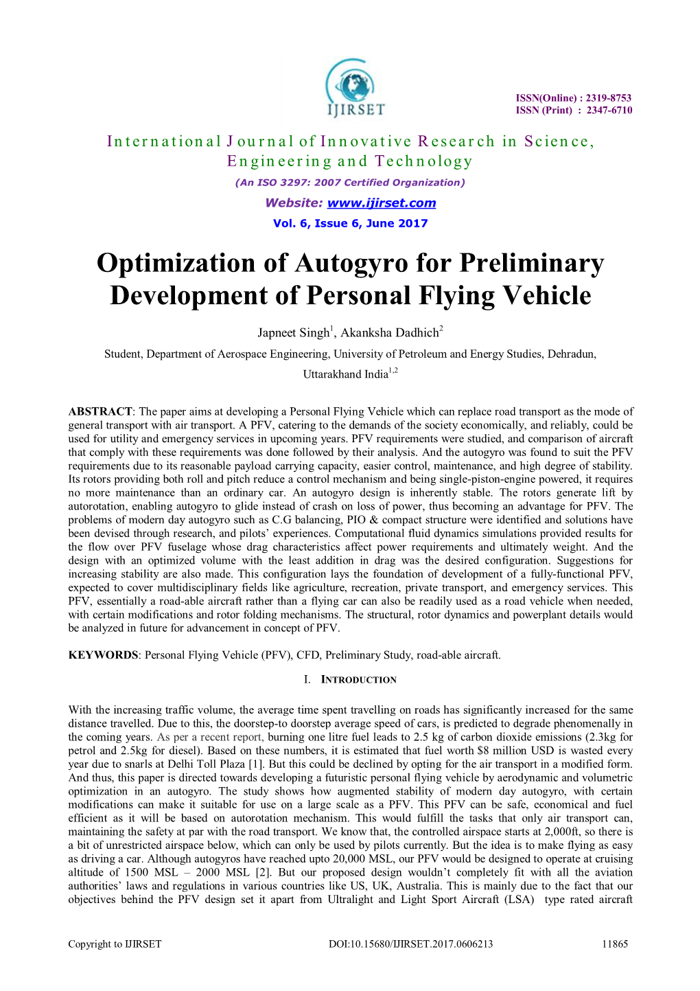 Optimization of Autogyro for Preliminary Development of Personal Flying Vehicle