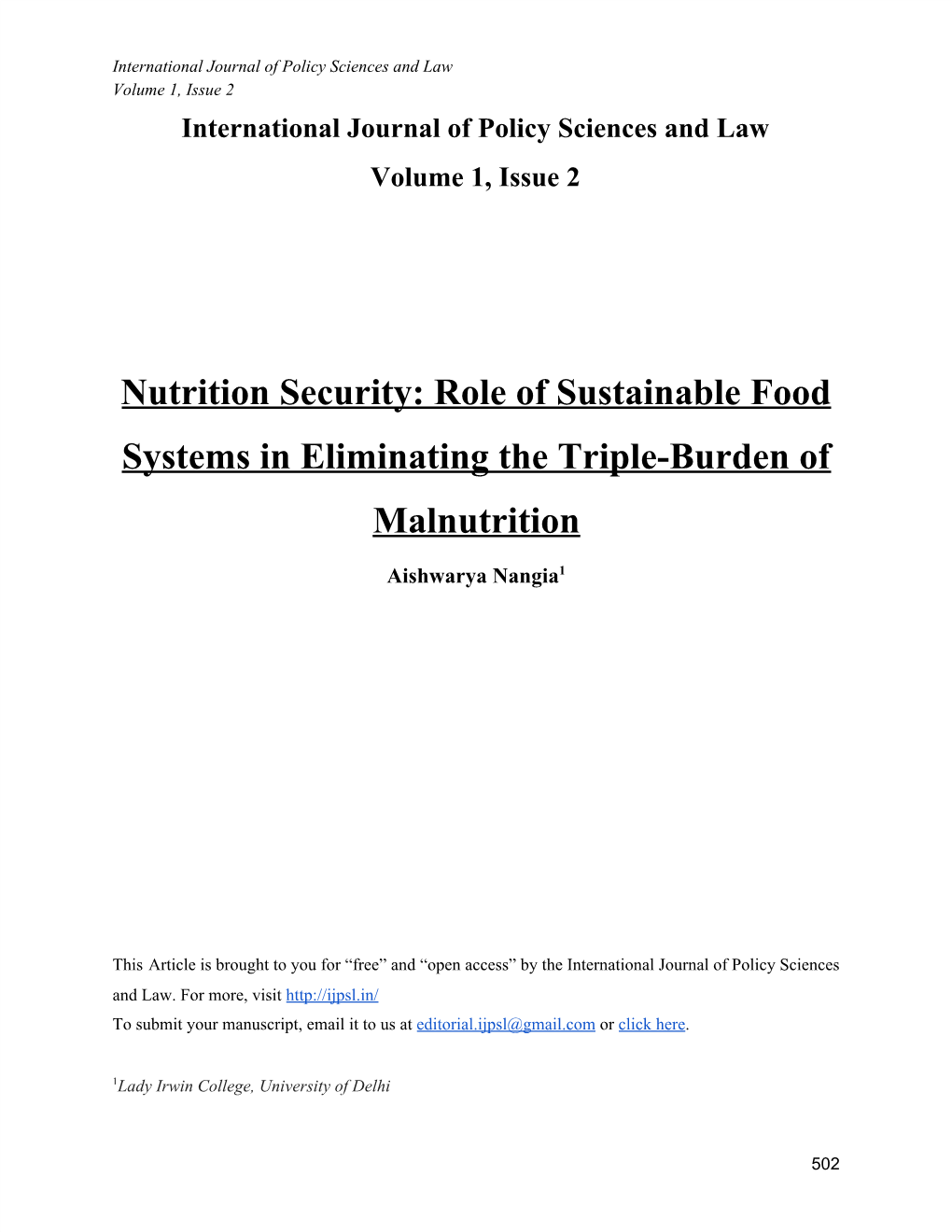 Nutrition Security: Role of Sustainable Food Systems in Eliminating the Triple-Burden of Malnutrition