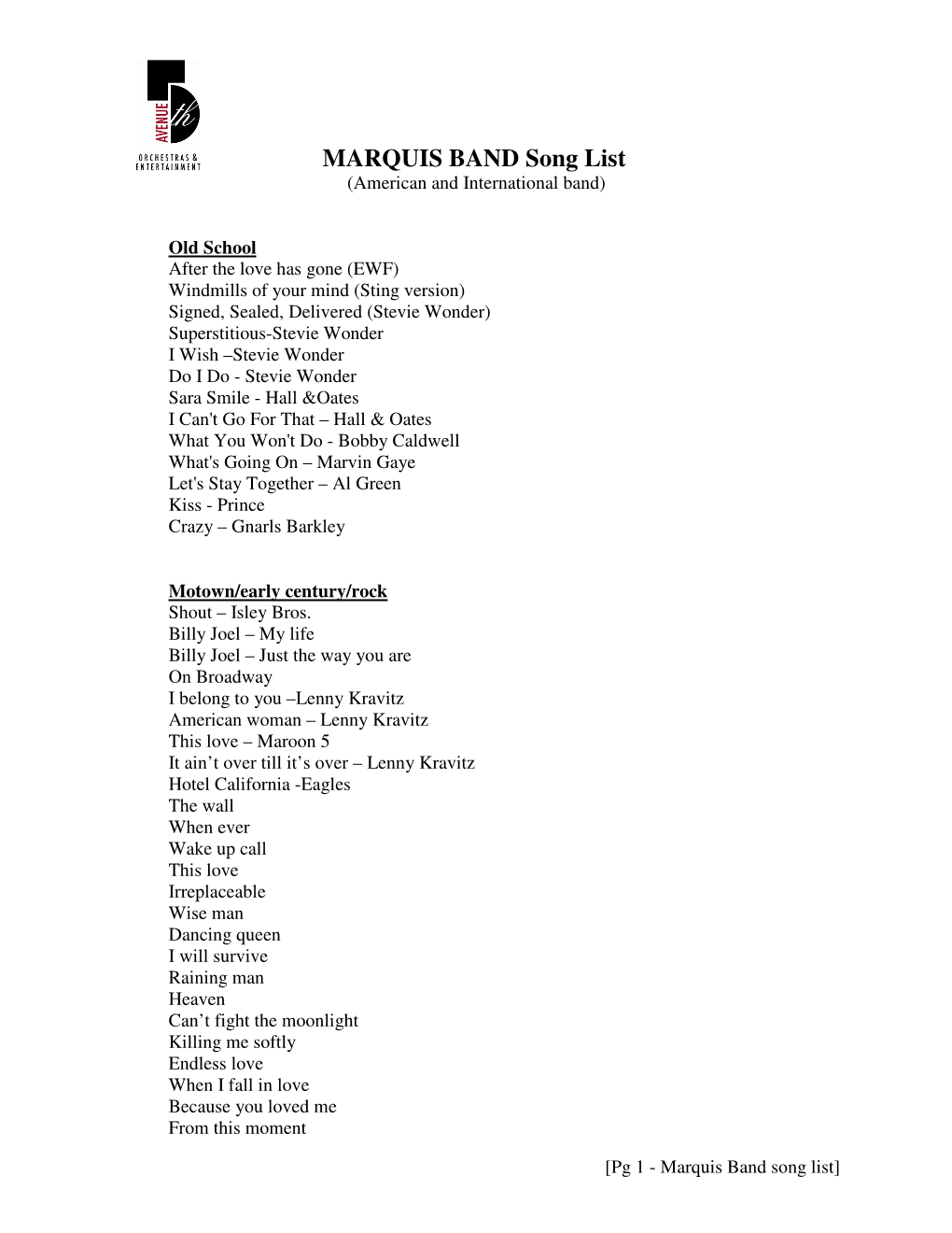 MARQUIS BAND Song List (American and International Band)
