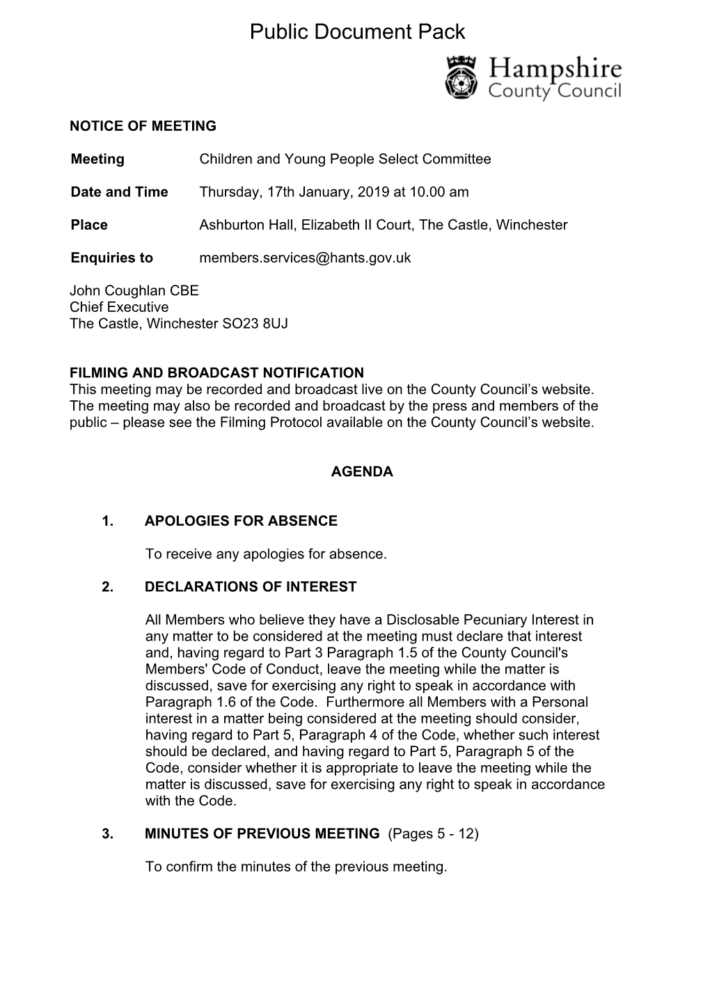 (Public Pack)Agenda Document for Children and Young People Select Committee, 17/01/2019 10:00