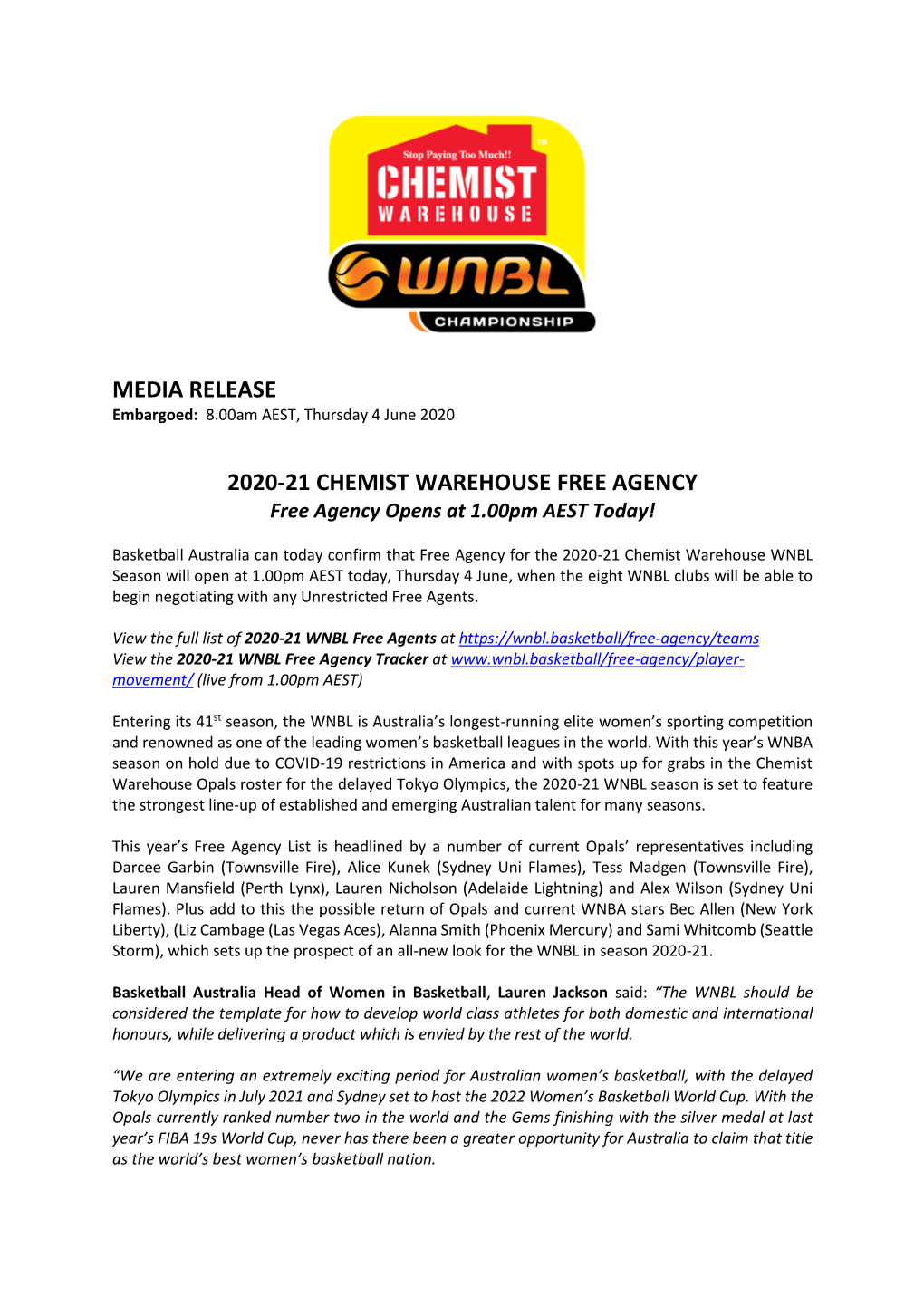 Media Release 2020-21 Chemist Warehouse Free Agency