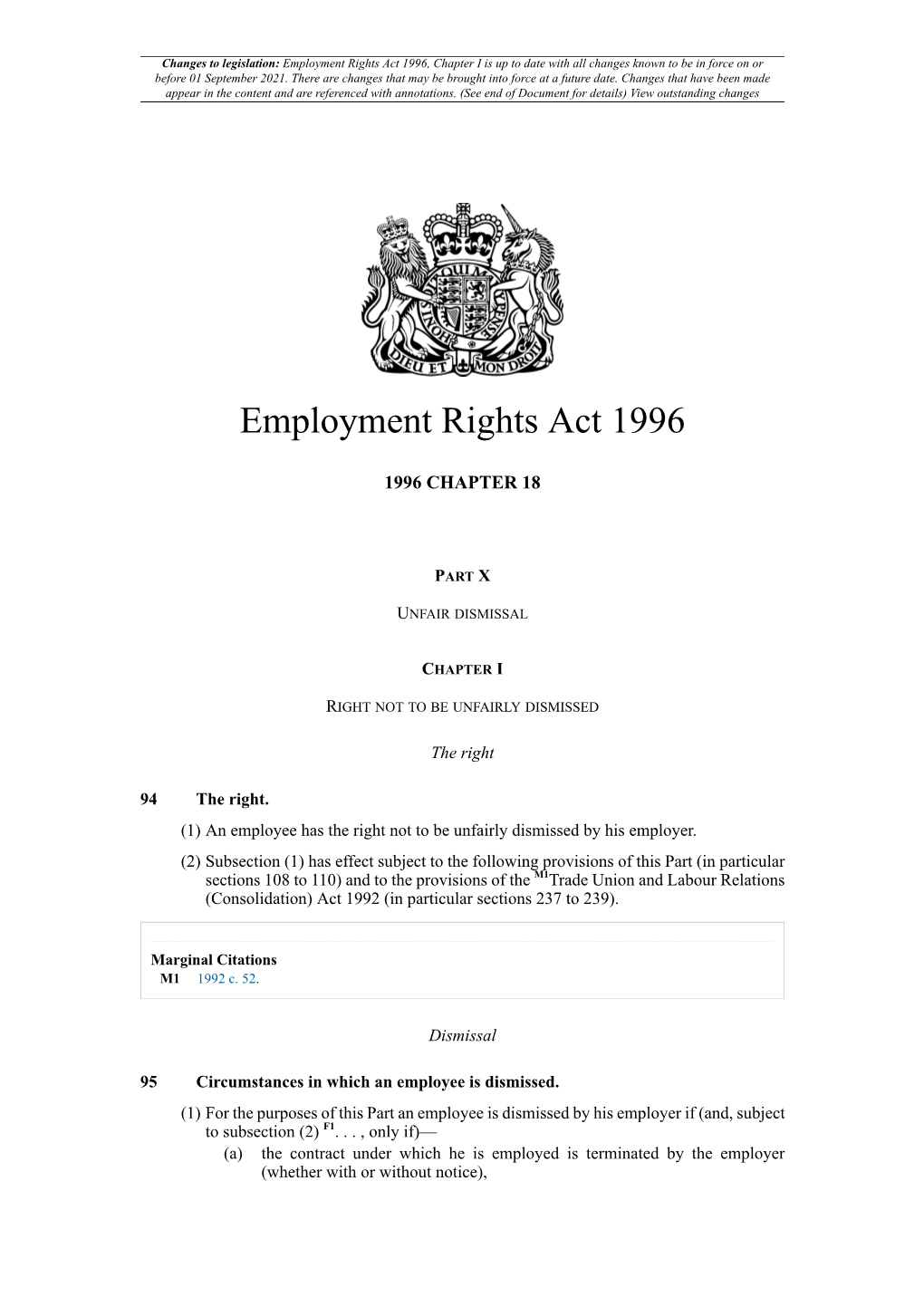 Employment Rights Act 1996, Chapter I Is up to Date with All Changes Known to Be in Force on Or Before 01 September 2021