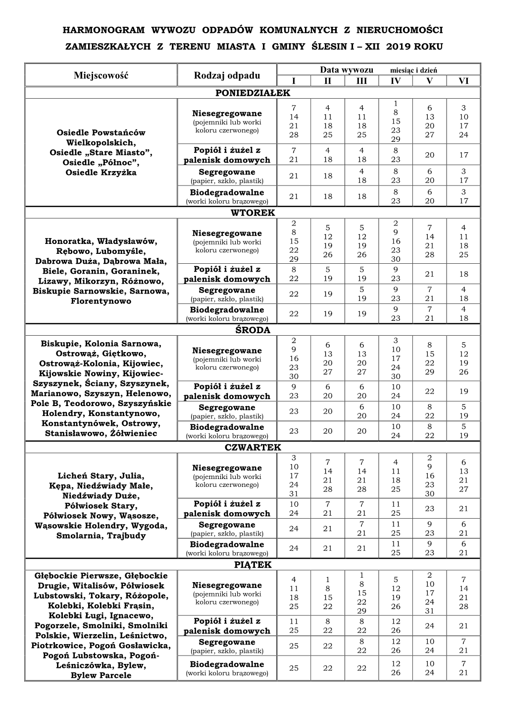 Harmonogram Wywozu Odpadów Komunalnych Z Nieruchomości Zamieszkałych Z Terenu Miasta I Gminy Ślesin I – Xii 2019 Roku