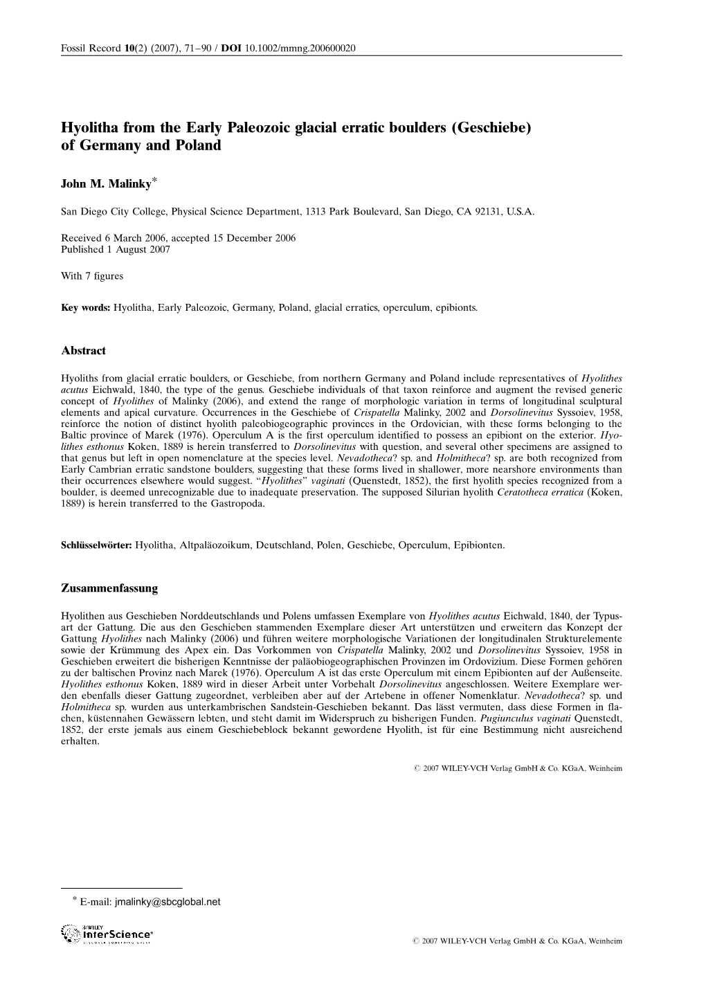 Hyolitha from the Early Paleozoic Glacial Erratic Boulders (Geschiebe) of Germany and Poland