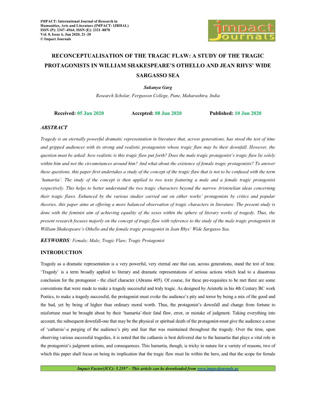 Reconceptualisation of the Tragic Flaw: a Study of the Tragic Protagonists in William Shakespeare’S Othello and Jean Rhys’ Wide