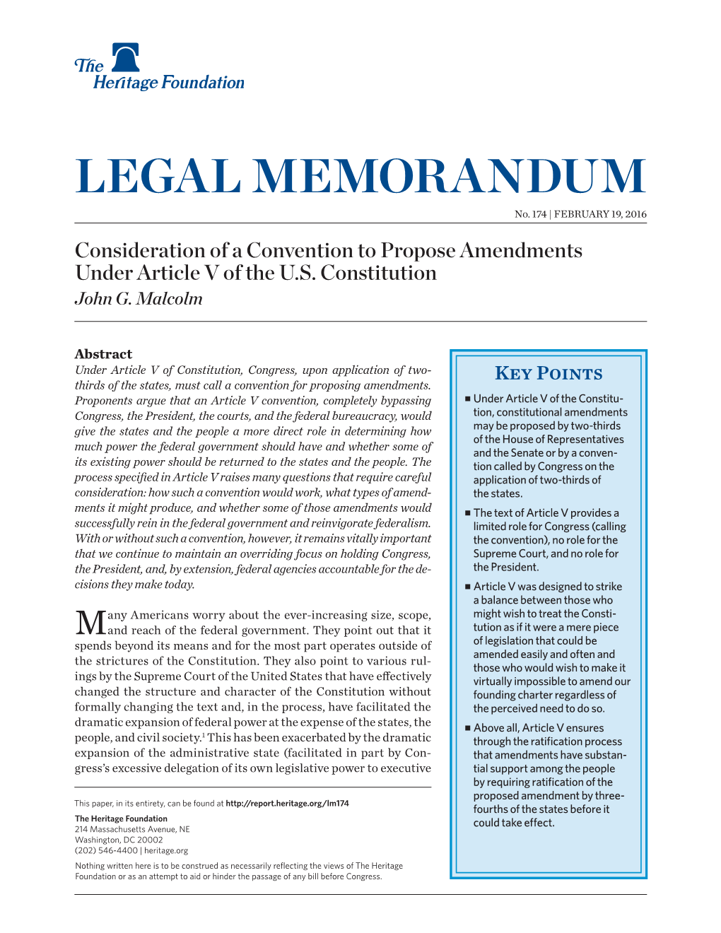 Consideration of a Convention to Propose Amendments Under Article V of the U.S