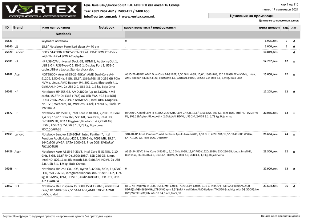 Ценовник На Производи Цените Се Со Пресметан Данок ID Brand Име На Производ Notebook Карактеристики / Перформанси Цена Денари Гар