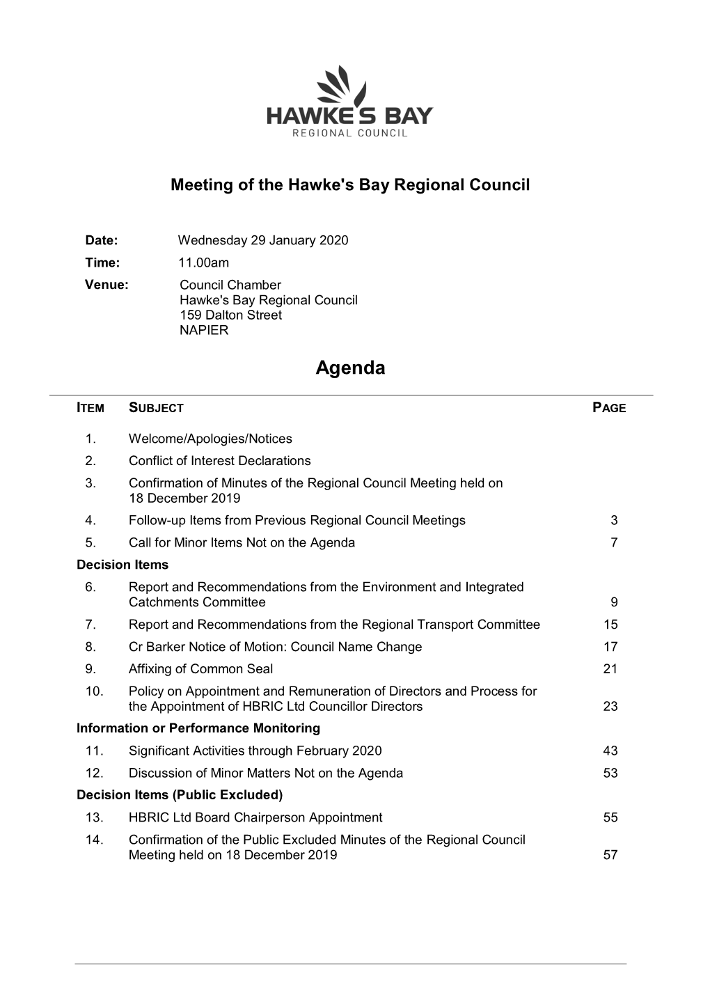 Agenda of Regional Council Meeting
