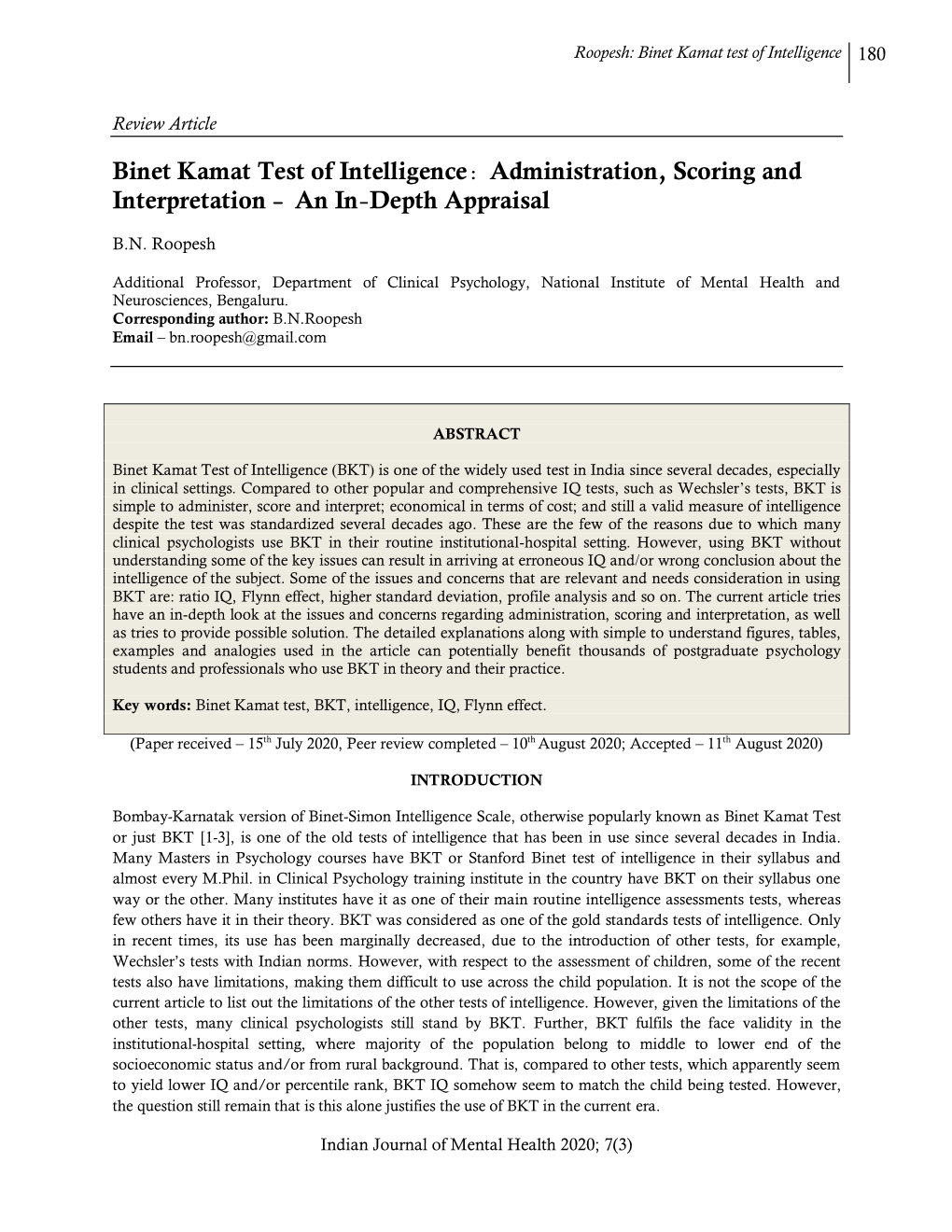 Binet Kamat Test of Intelligence: Administration, Scoring and Interpretation – an In-Depth Appraisal