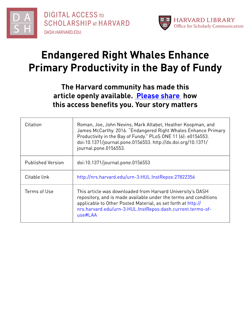 Endangered Right Whales Enhance Primary Productivity in the Bay of Fundy