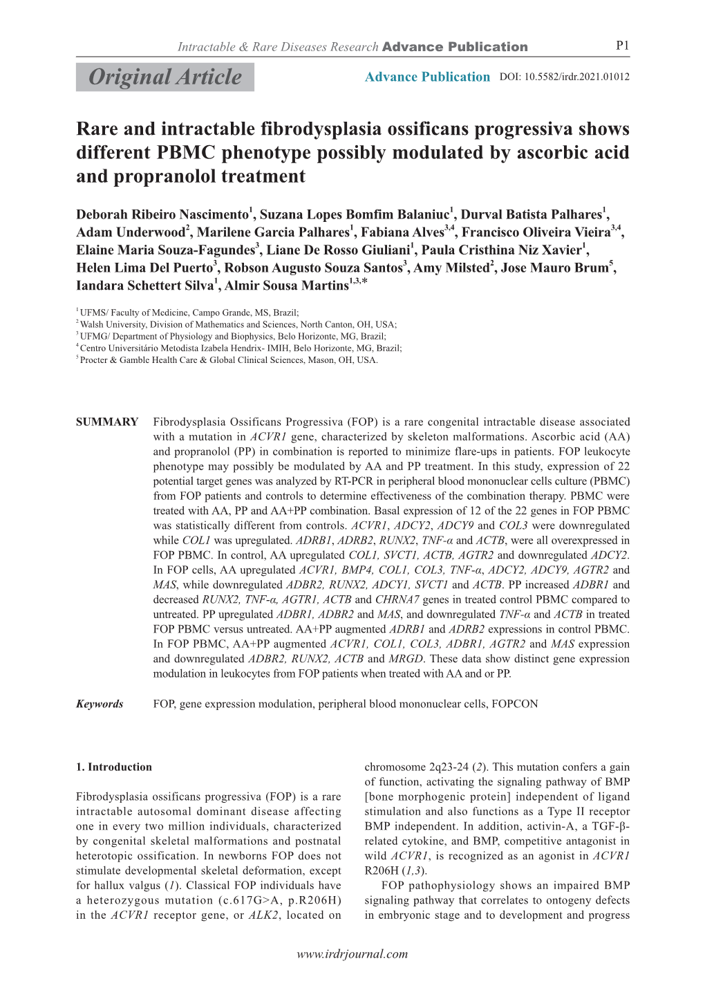 Rare and Intractable Fibrodysplasia Ossificans Progressiva Shows Different PBMC Phenotype Possibly Modulated by Ascorbic Acid and Propranolol Treatment