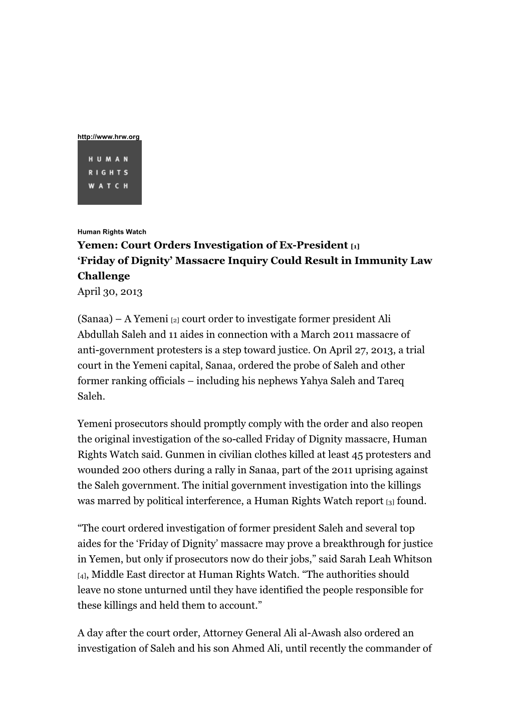 Yemen: Court Orders Investigation of Ex-President [1] 'Friday of Dignity' Massacre Inquiry Could Result in Immunity Law Chal