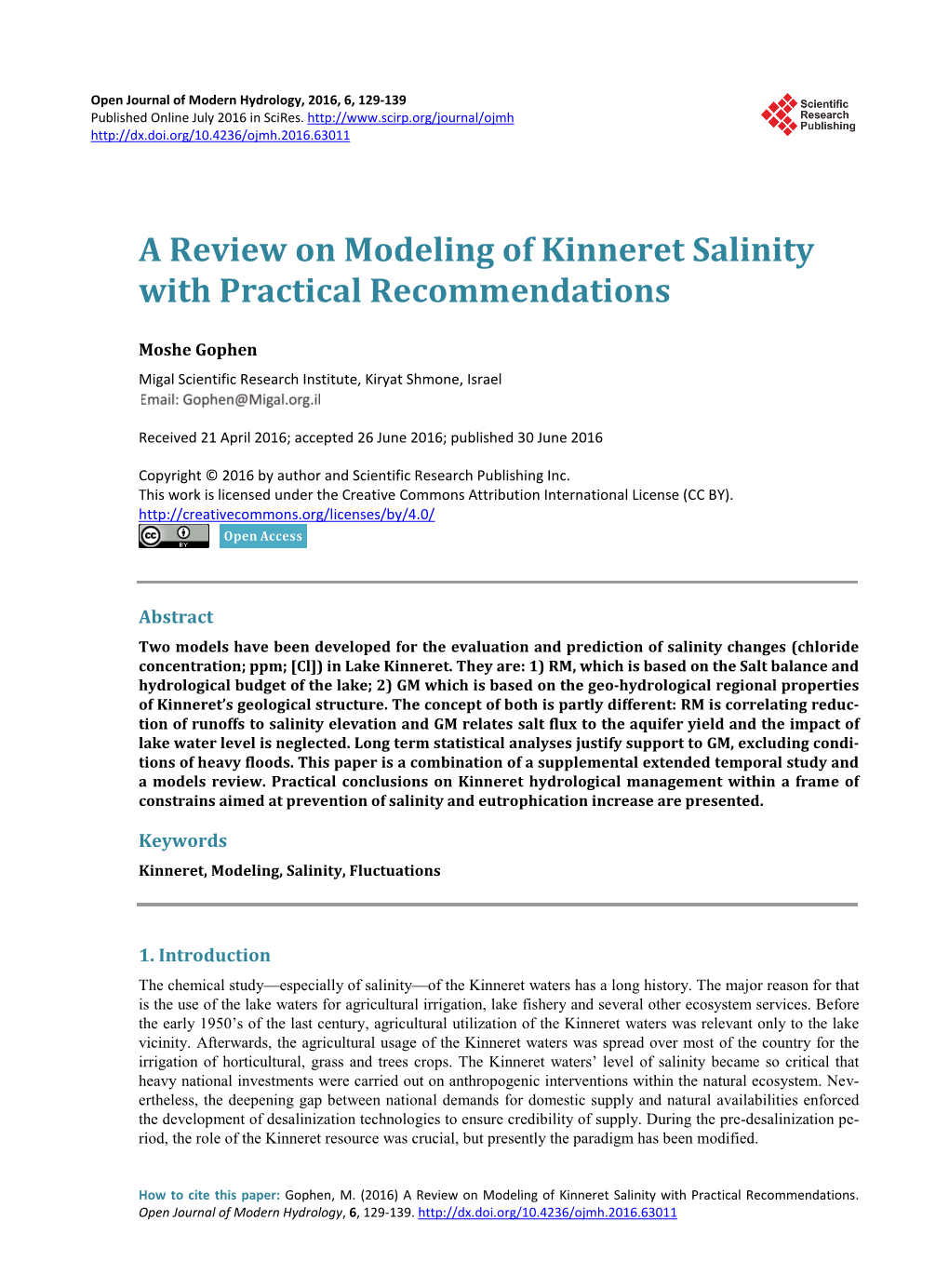 A Review on Modeling of Kinneret Salinity with Practical Recommendations
