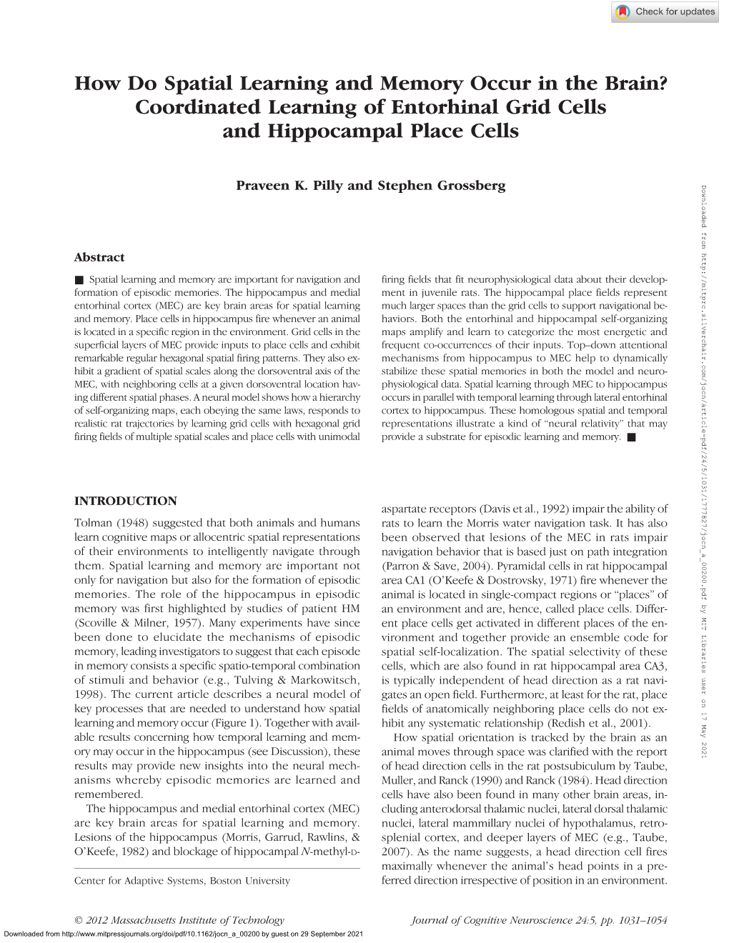 How Do Spatial Learning and Memory Occur in the Brain? Coordinated Learning of Entorhinal Grid Cells and Hippocampal Place Cells