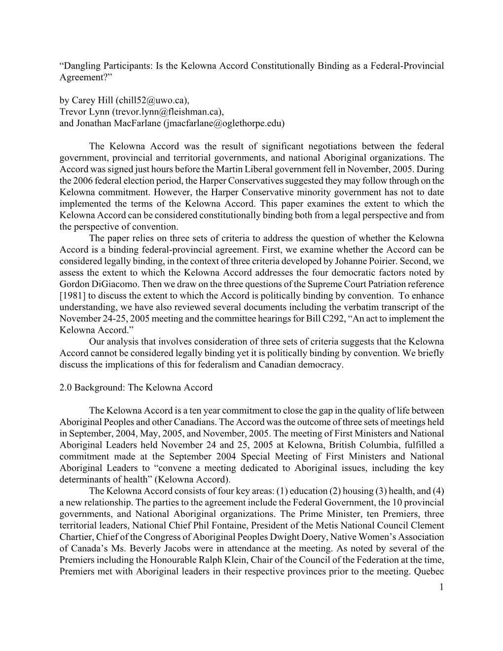 “Dangling Participants: Is the Kelowna Accord Constitutionally Binding As a Federal-Provincial Agreement?”