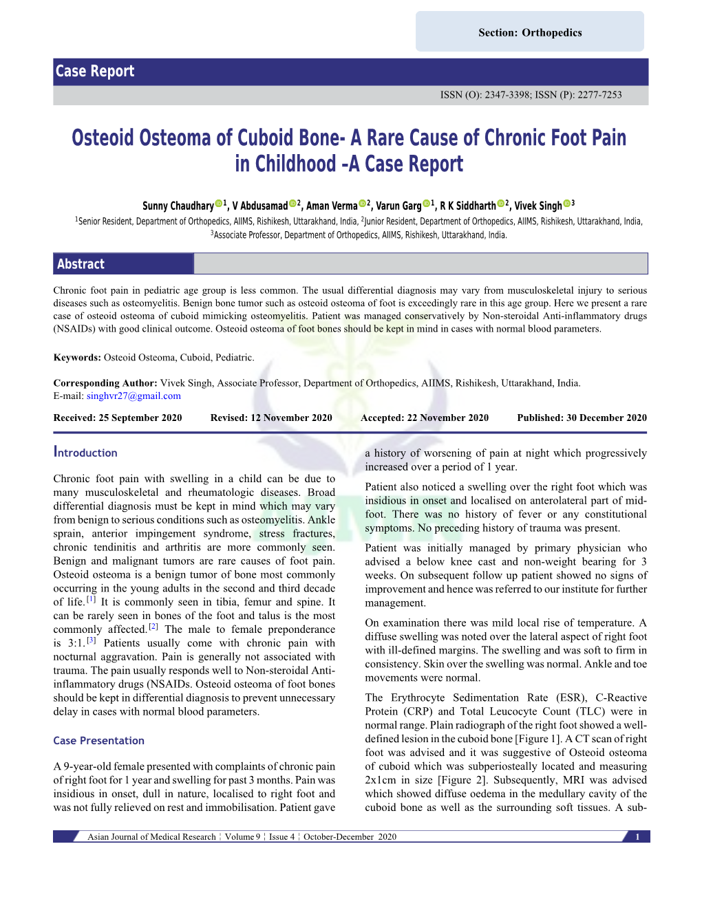 Osteoid Osteoma of Cuboid Bone- a Rare Cause of Chronic Foot Pain in Childhood –A Case Report