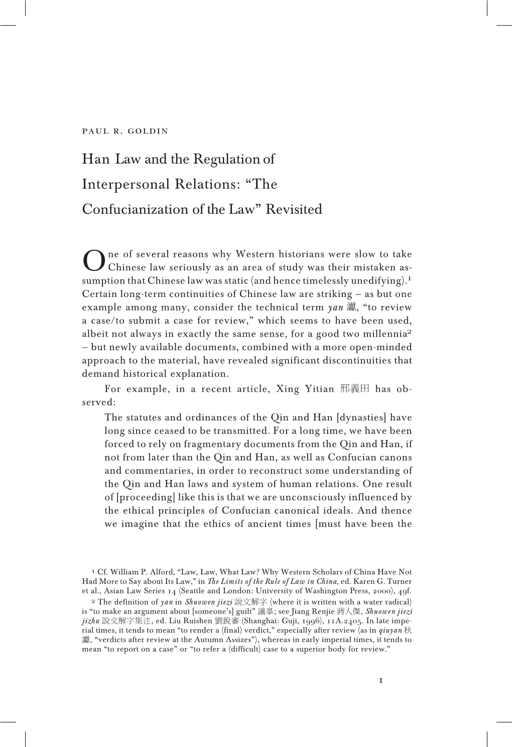 Han Law and the Regulation of Interpersonal Relations: “The Confucianization of the Law” Revisited