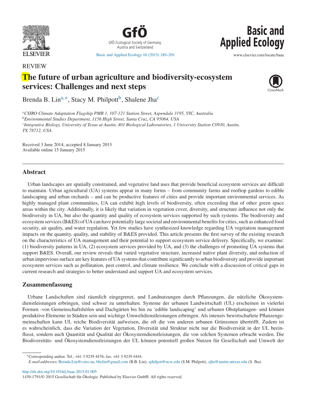 The Future of Urban Agriculture and Biodiversity-Ecosystem Services