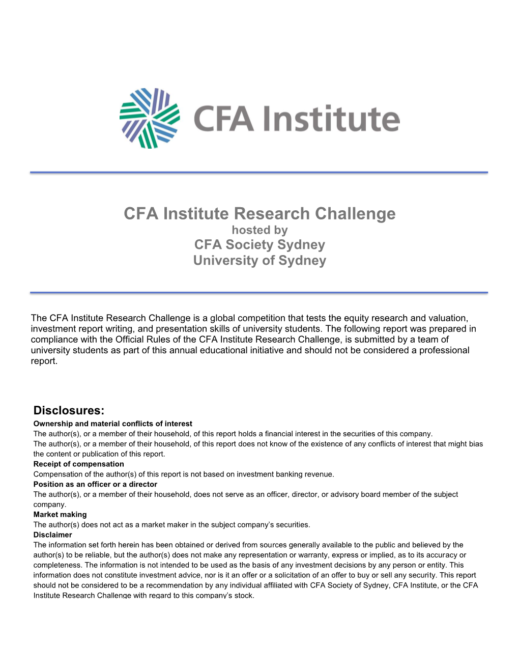 CFA Institute Research Challenge Hosted by CFA Society Sydney University of Sydney