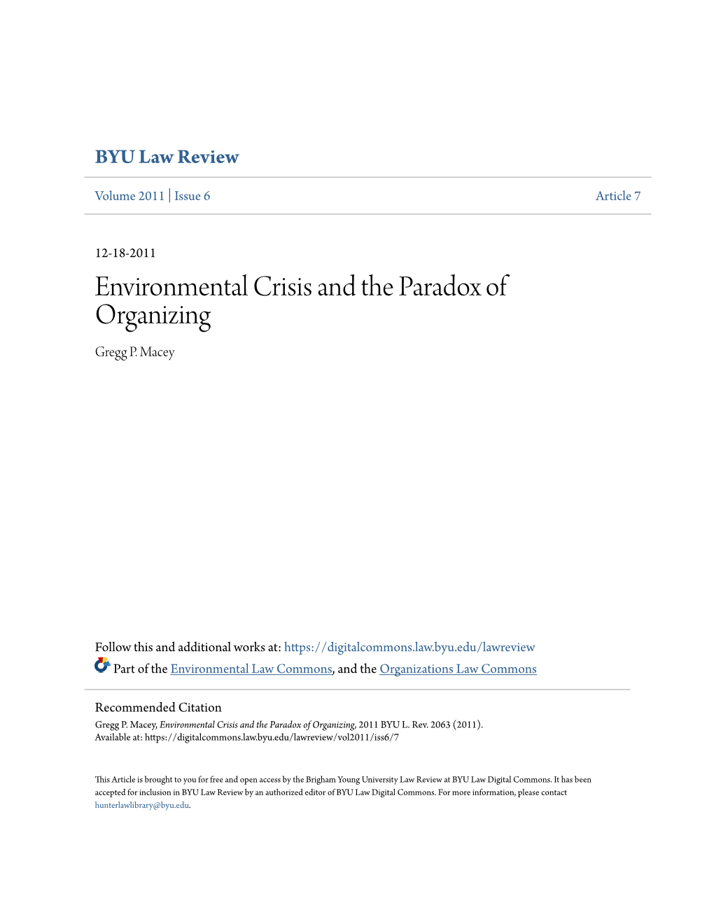 Environmental Crisis and the Paradox of Organizing Gregg P