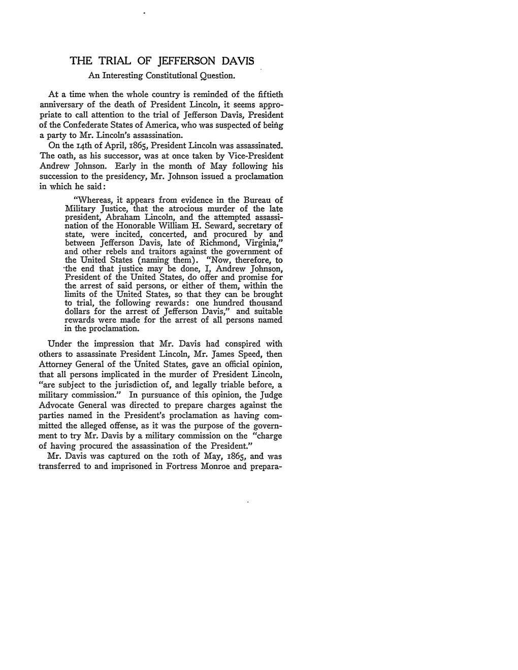 THE TRIAL of JEFFERSON DAVIS an Interesting Constitutional Question