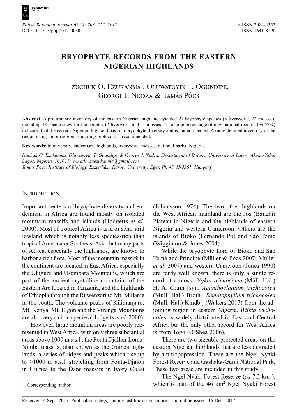 Bryophyte Records from the Eastern Nigerian Highlands