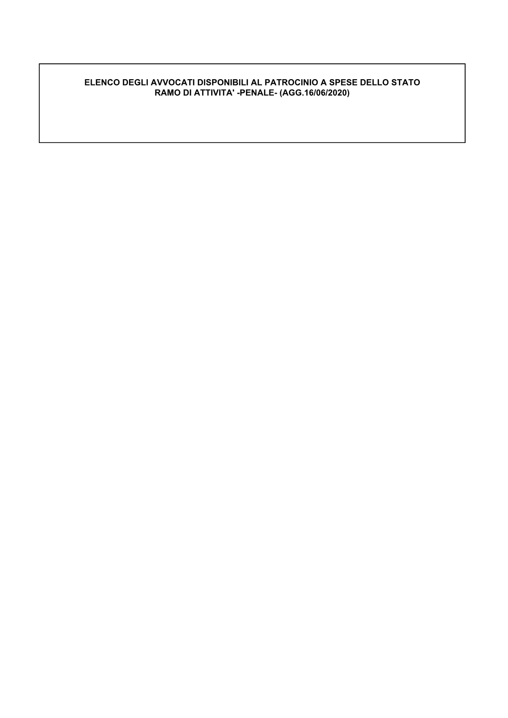 Elenco Degli Avvocati Disponibili Al Patrocinio a Spese Dello Stato Ramo Di Attivita' -Penale- (Agg.16/06/2020)