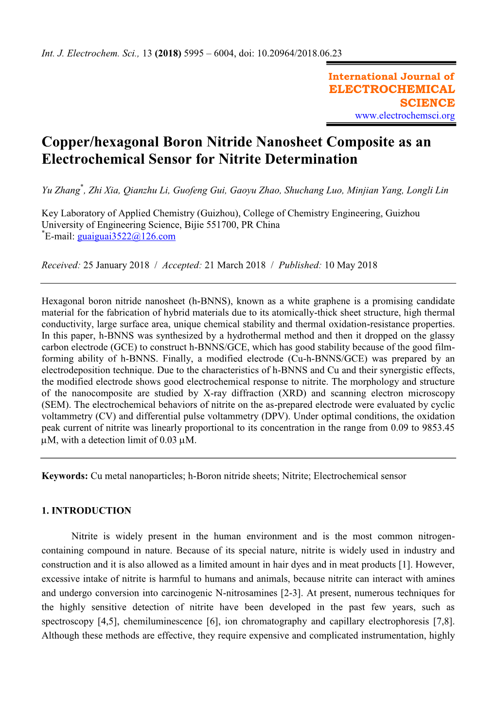 Copper/Hexagonal Boron Nitride Nanosheet Composite As an Electrochemical Sensor for Nitrite Determination