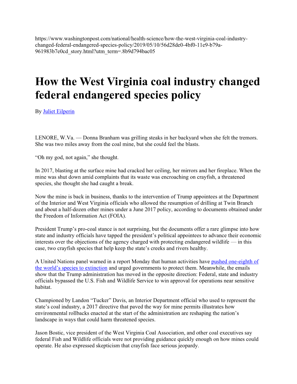 How the West Virginia Coal Industry Changed Federal Endangered Species Policy