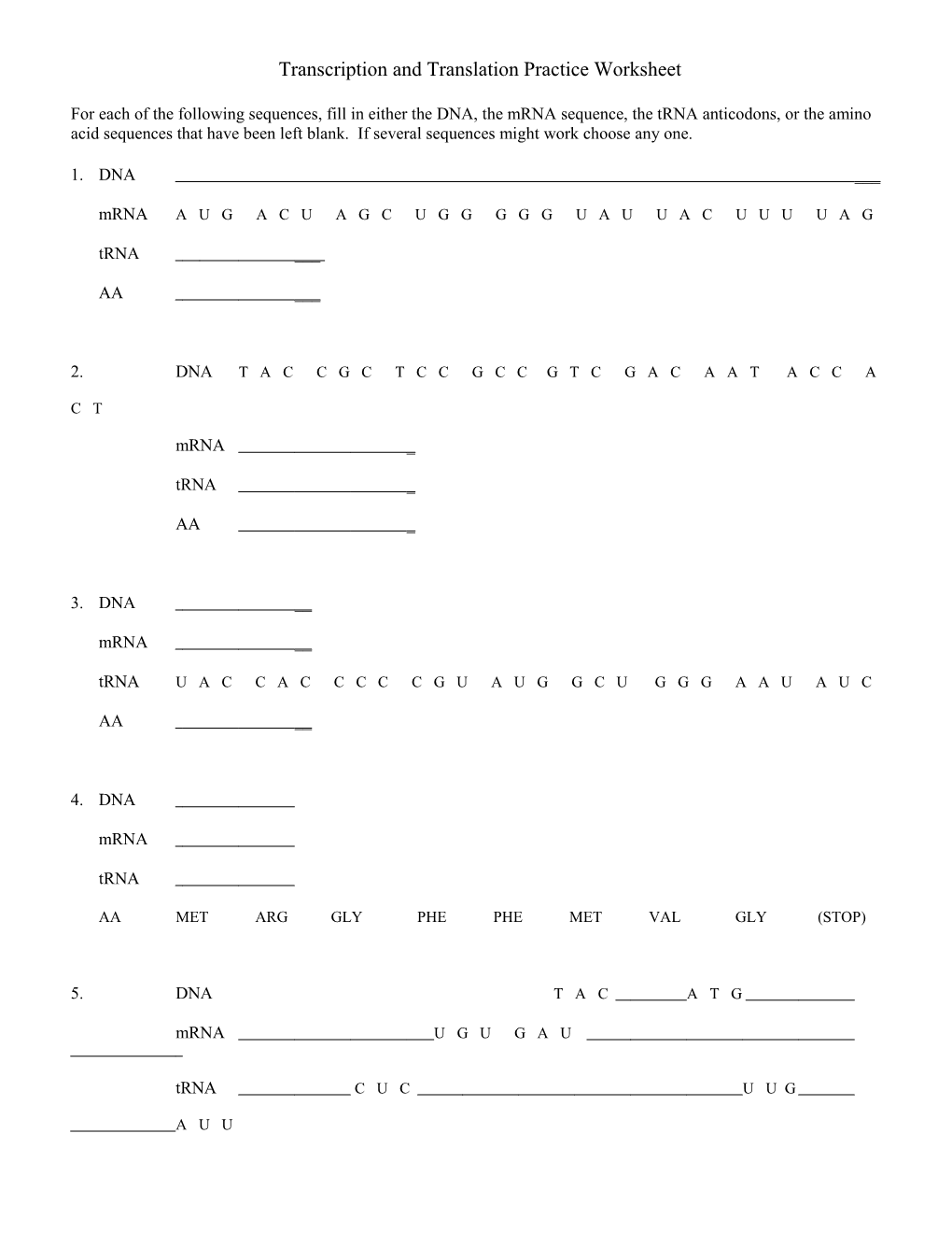 Transcripton/Translation Worksheet